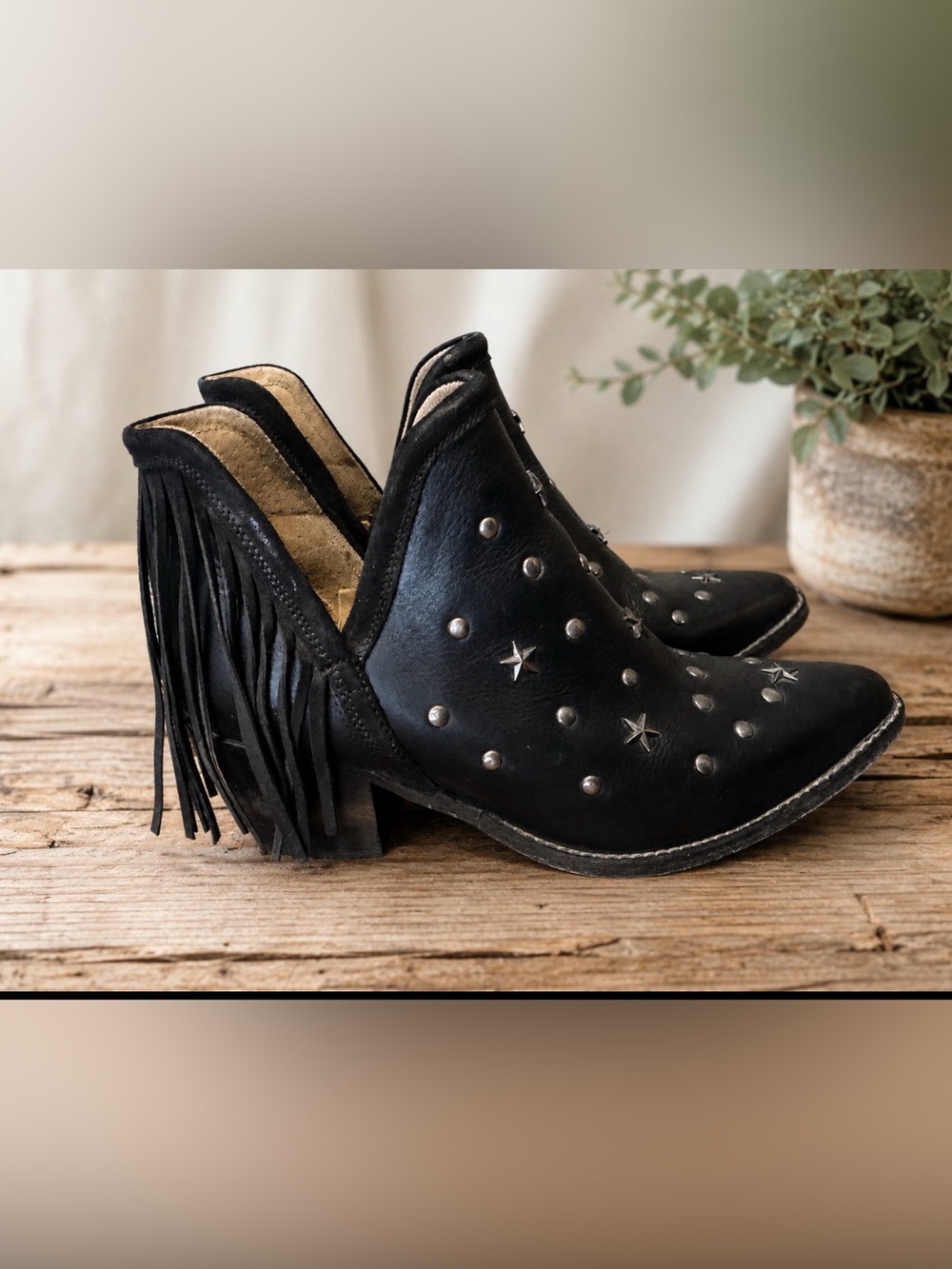 Circle G Black Studded Fringe Mule Clogs with Star Accents
